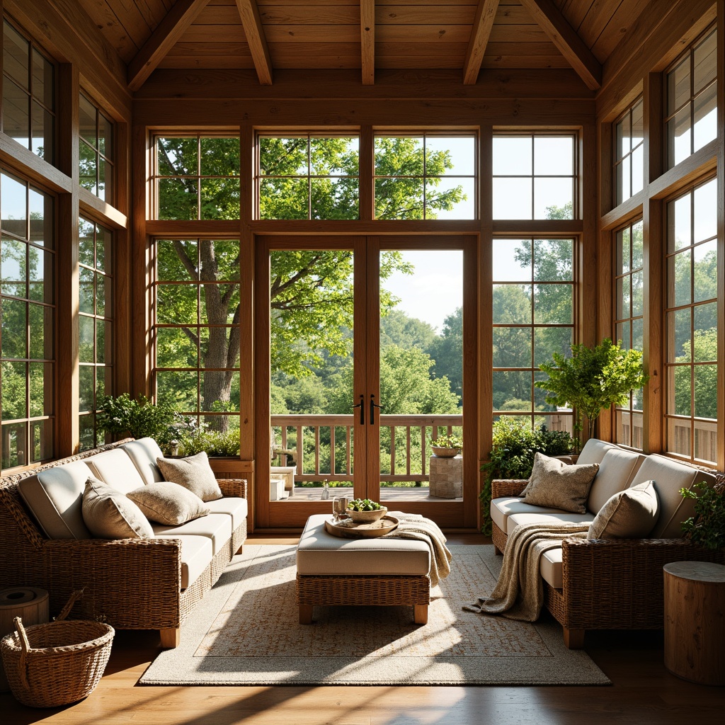 Prompt: Cozy sunroom, warm natural light, lush greenery, comfortable wicker furniture, plush cushions, soft throw blankets, rustic wooden accents, nature-inspired decorative patterns, earthy color palette, serene ambiance, calming atmosphere, floor-to-ceiling windows, sliding glass doors, panoramic outdoor views, gentle breezes, subtle natural textures, realistic wood grain, 1/1 composition, softbox lighting, ambient occlusion.