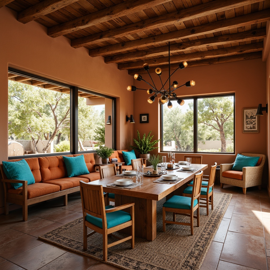 Prompt: Southwestern-themed dining room, warm earthy tones, rustic wooden furniture, plush upholstery, vibrant turquoise accents, woven textiles, natural stone flooring, adobe-inspired architecture, large windows, abundant natural light, soft warm lighting, shallow depth of field, 3/4 composition, panoramic view, realistic textures, ambient occlusion.