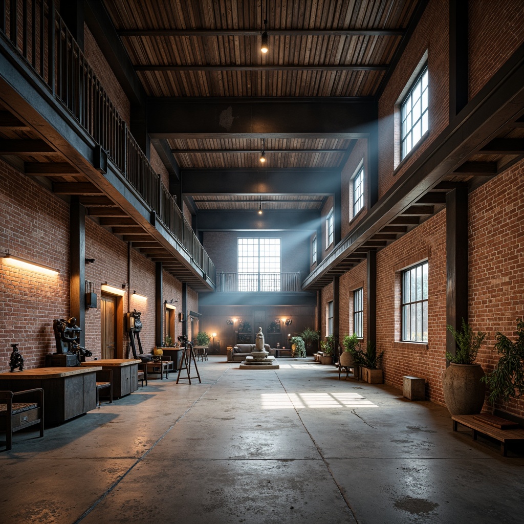 Prompt: Exposed brick walls, metal beams, reclaimed wood accents, industrial-style lighting fixtures, concrete floors, urban cityscape, abandoned factory backdrop, distressed textures, vintage machinery props, steel windows, minimalist decor, functional aesthetic, brutalist architecture, raw unfinished ceilings, utilitarian color palette, dramatic high ceilings, atmospheric misting, cinematic low-key lighting, 2/3 composition, gritty realistic rendering.