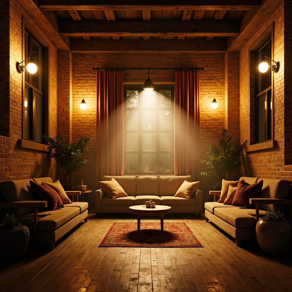 Prompt: Rustic farmhouse interior, vintage theatrical props, warm golden lighting, softbox lights, dimmable LED strips, industrial metal fixtures, reclaimed wood accents, distressed brick walls, cozy seating areas, plush velvet curtains, richly textured fabrics, warm beige tones, earthy color palette, subtle gradient effects, layered lighting design, dramatic shadow play, 1/2 composition, cinematic ambiance, soft focus lens, atmospheric misting.