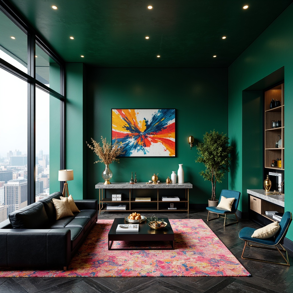 Prompt: Luxurious penthouse interior, rich jewel tones, emerald green walls, navy blue accents, metallic gold fixtures, marble countertops, sleek black furniture, abstract expressionist artwork, bold brushstroke patterns, vibrant colorful textiles, plush area rugs, floor-to-ceiling windows, stunning cityscape views, soft warm lighting, shallow depth of field, 3/4 composition, realistic textures, ambient occlusion.