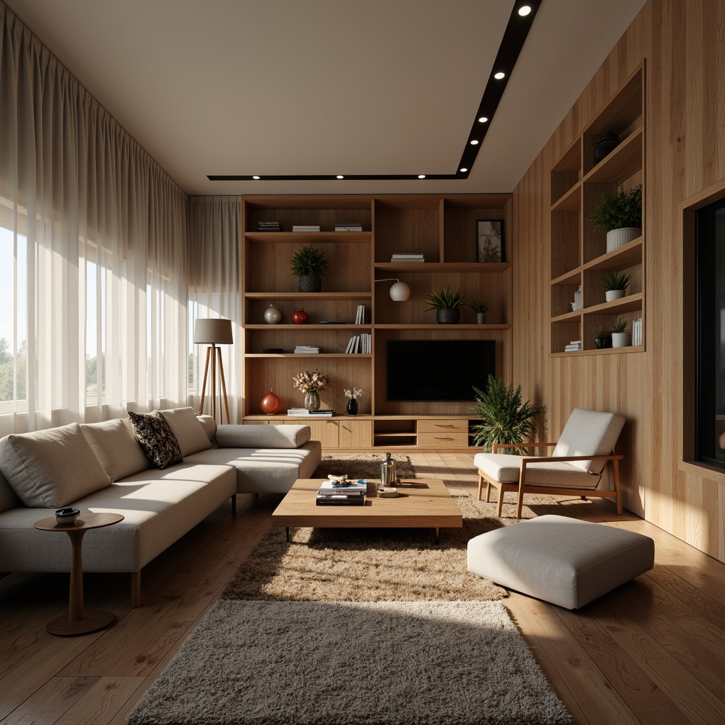 Prompt: Cozy living room, modern sectional sofa, wooden coffee table, floor lamps, plush area rug, minimalist decor, functional shelving units, sleek TV stand, comfortable reading nook, natural wood flooring, soft warm lighting, shallow depth of field, 1/1 composition, realistic textures, ambient occlusion.