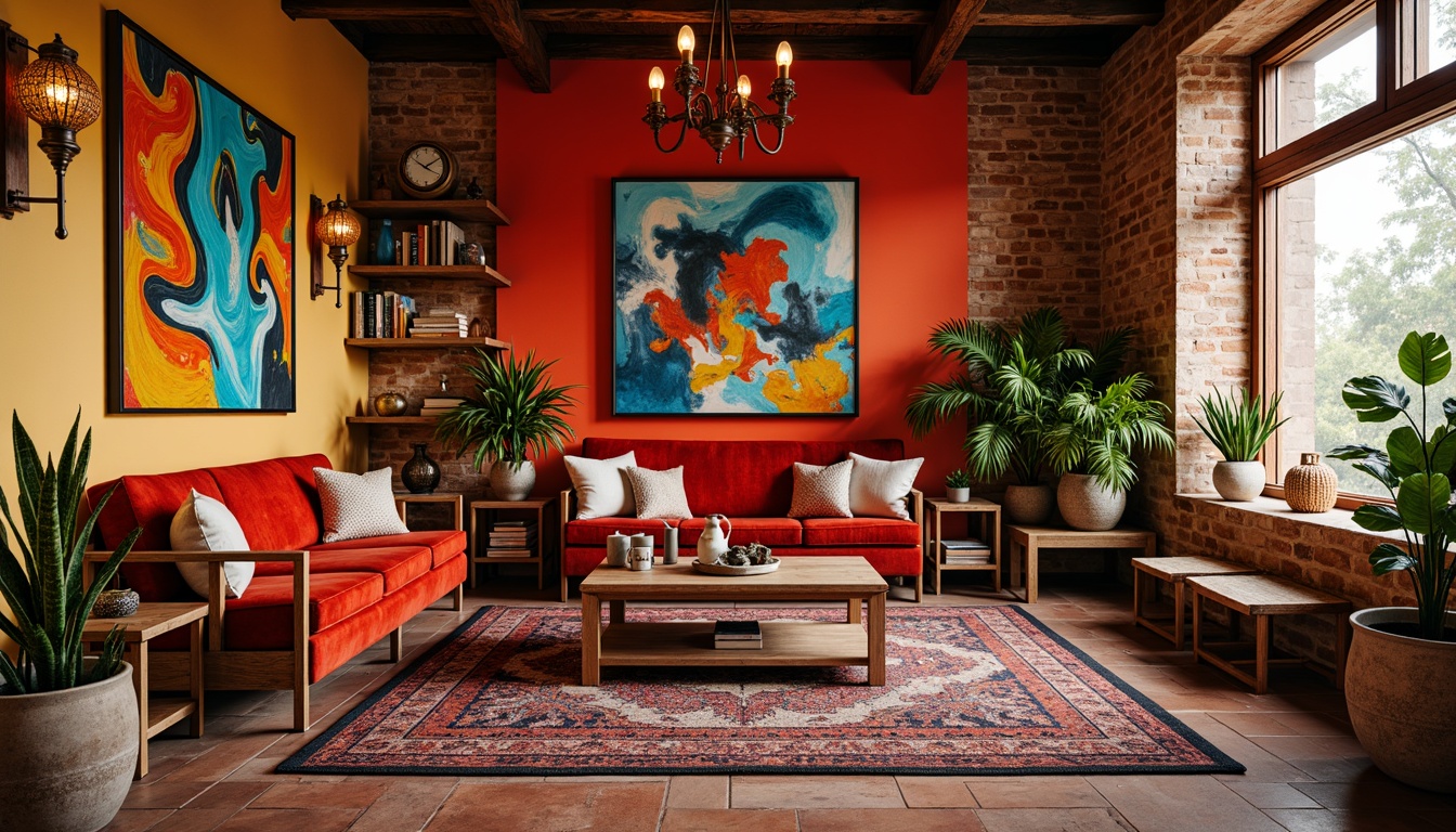 Prompt: Vibrant eclectic interior, bold colorful accents, rich velvet fabrics, distressed wooden furniture, ornate metal fixtures, abstract art pieces, eclectic decorative objects, global-inspired textiles, Moroccan-tiled floors, rustic brick walls, natural stone surfaces, warm golden lighting, shallow depth of field, 1/1 composition, realistic textures, ambient occlusion.