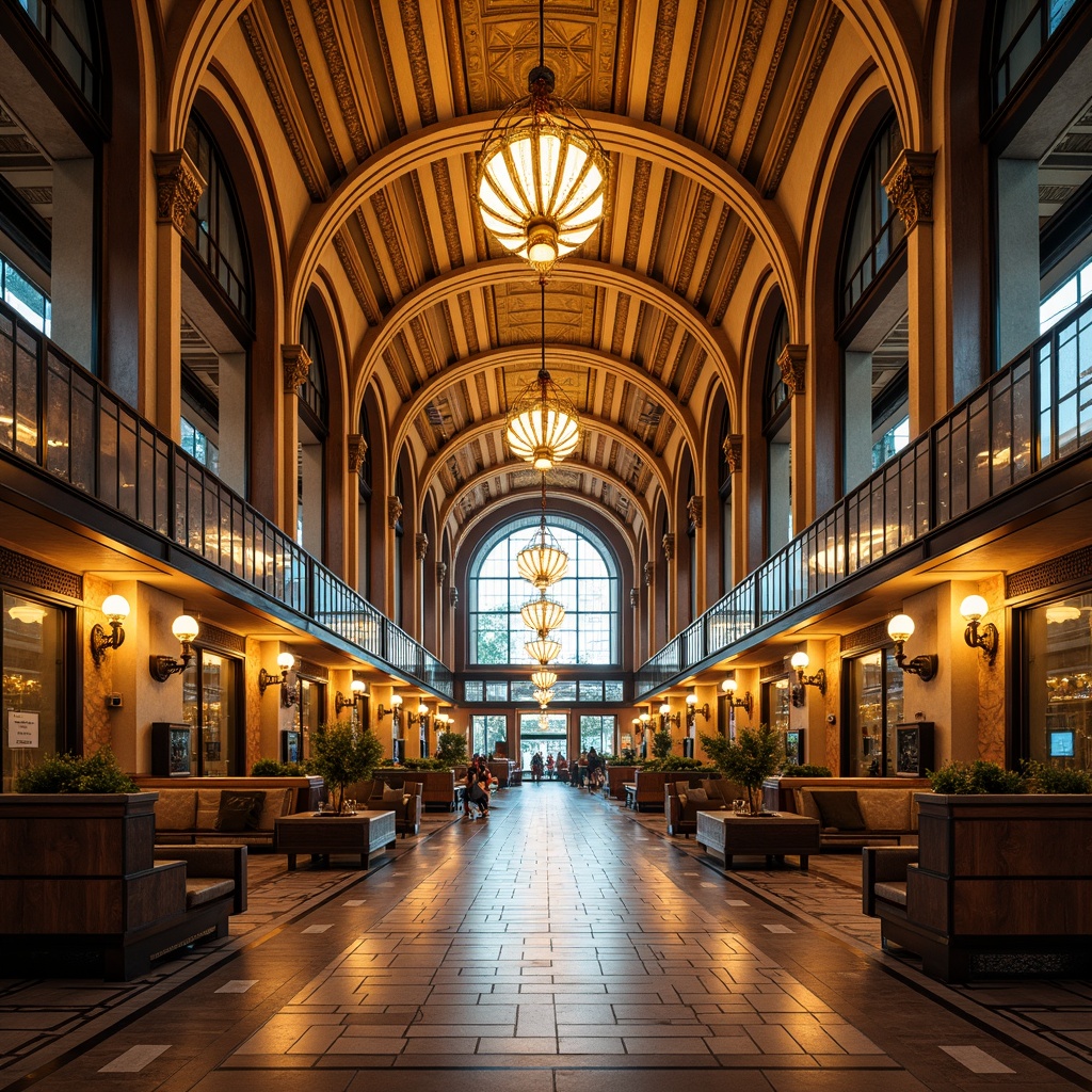 Prompt: Grandiose bus station, ornate metallic details, luxurious chandeliers, geometric patterned floors, intricate stucco ceilings, lavish furnishings, opulent materials, warm golden lighting, soft diffused illumination, symmetrical composition, 1/2 camera angle, cinematic atmosphere, vibrant color palette, rich textures, high-contrast ratios, dramatic shadows, Art Deco architectural style, elegant curves, metallic accents, grand staircases, ornate railings.