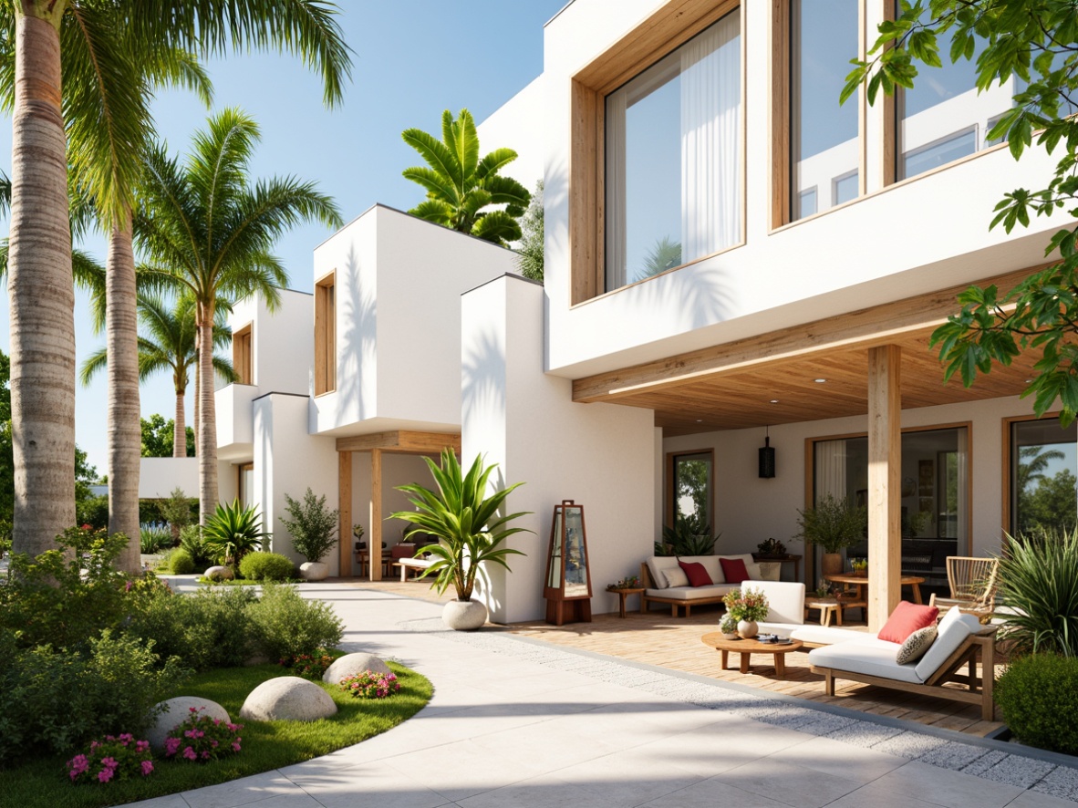 Prompt: Tropical modern buildings, large windows, sliding glass doors, open floor plans, high ceilings, clerestory windows, skylights, solar tubes, reflective white walls, polished concrete floors, minimal obstructions, lush greenery, palm trees, vibrant flowers, wooden accents, rattan furniture, natural textiles, woven bamboo shades, warm sunny day, soft diffused lighting, shallow depth of field, 1/2 composition, panoramic view, realistic textures, ambient occlusion.