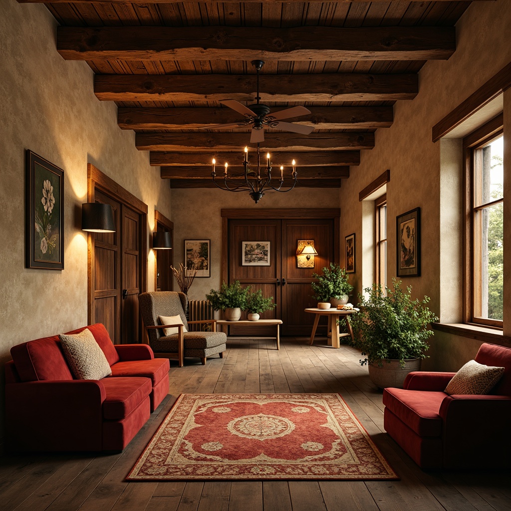 Prompt: Rustic farmhouse, vintage theater elements, distressed wooden accents, earthy color palette, warm beige tones, rich brown hues, soft sage greens, creamy whites, bold reds, golden yellows, ornate metal fixtures, plush velvet fabrics, antique furniture pieces, dimmable stage lighting, cozy intimate atmosphere, natural textures, rough-hewn wood beams, reclaimed barn doors, rustic metal signs, whimsical decorative accents, warm candlelight, shallow depth of field, 1/1 composition, dramatic shadows, realistic renderings.