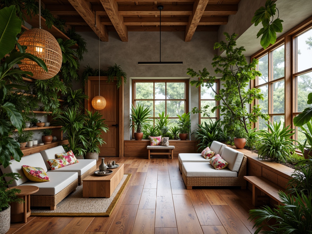 Prompt: Lush tropical foliage, warm wooden accents, rattan furniture, natural woven textiles, vibrant colorful ceramics, reclaimed teak wood floors, polished concrete walls, sleek metallic lighting fixtures, earthy terracotta planters, exotic flower arrangements, soft diffused lighting, shallow depth of field, 3/4 composition, panoramic view, realistic textures, ambient occlusion.