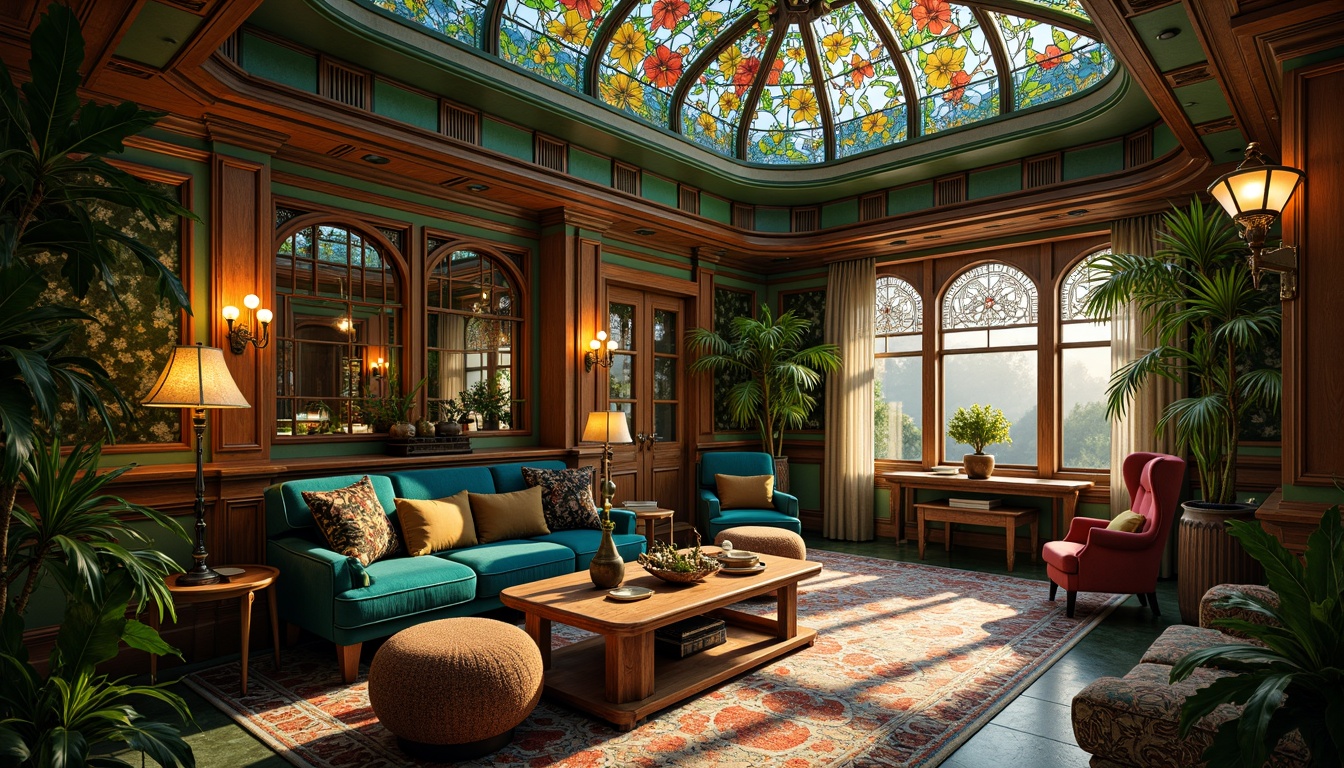 Prompt: Richly ornate Art Nouveau interior, lavish furnishings, sinuous lines, flowing curves, organic forms, jewel-toned colors, emerald green walls, sapphire blue accents, amber lighting, warm golden hues, intricate wooden carvings, luxurious velvet fabrics, metallic copper details, ornate mirrors, stained glass windows, botanical patterns, natural textures, soft warm glow, shallow depth of field, 1/1 composition, realistic render.