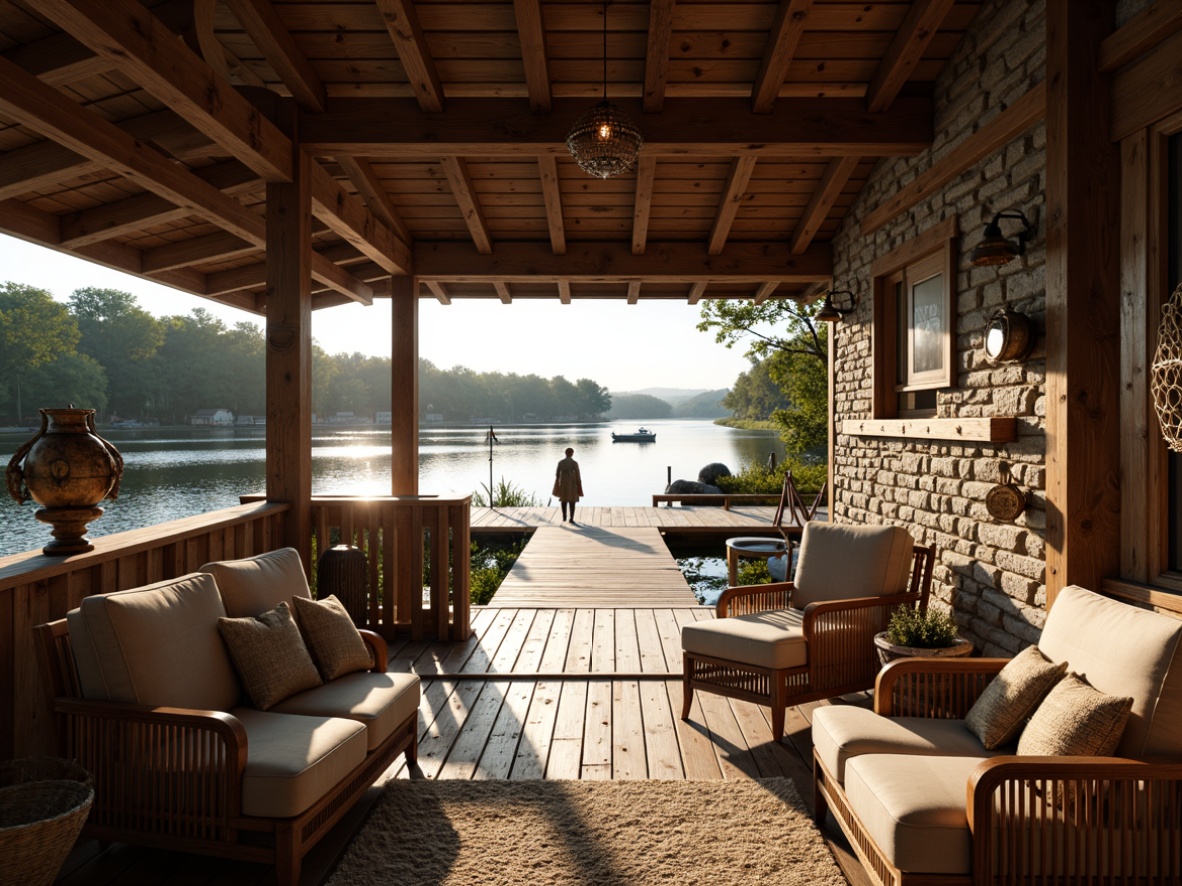 Prompt: Rustic boathouse, wooden docks, serene lake views, warm natural light, wooden beams, stone walls, cozy interior, plush furniture, nautical decorations, vintage boat models, fishing nets, woven textiles, earthy color palette, soft warm lighting, shallow depth of field, 1/1 composition, intimate atmosphere, realistic wood grains, ambient occlusion.