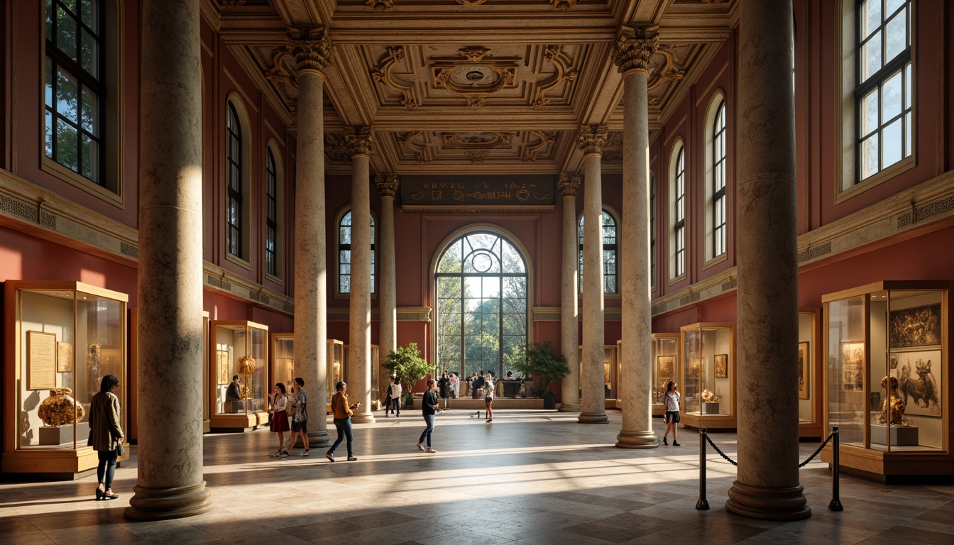 Prompt: Grand museum entrance, ornate stone columns, majestic archways, high ceilings, marble floors, intricate moldings, classic wooden exhibits, glass display cases, subtle warm lighting, soft shadows, 1/1 composition, shallow depth of field, natural textures, ambient occlusion, elegant typography, golden accents, rich wood tones, sophisticated color palette, refined atmosphere, cultural artifacts, ancient relics, interactive displays, immersive experiences.