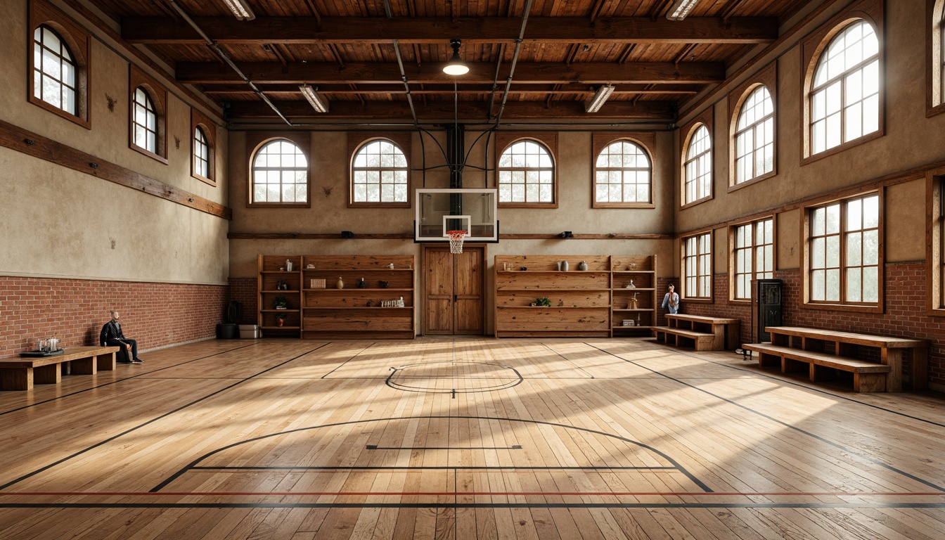 Prompt: Rustic gymnasium interior, reclaimed wood flooring, distressed wooden planks, warm beige tones, exposed brick walls, industrial metal beams, vintage sports equipment, wooden bleachers, natural stone accents, earthy color palette, softbox lighting, shallow depth of field, 2/3 composition, realistic textures, ambient occlusion.