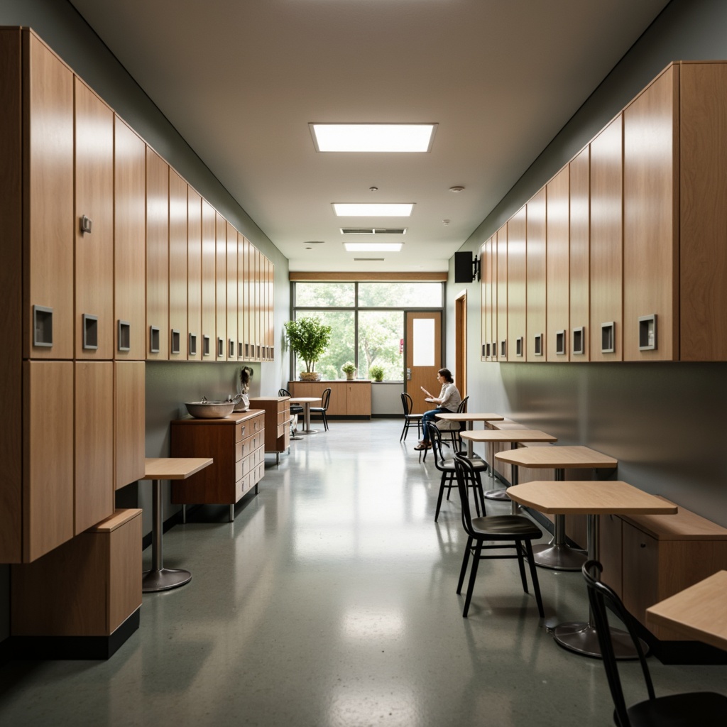 Prompt: Simple high school hallway, clean lines, minimal ornamentation, functional furniture, industrial metal chairs, wooden desks, sleek lockers, neutral color palette, abundant natural light, open spaces, modern floor lamps, subtle textures, realistic materials, shallow depth of field, 1/1 composition, soft warm lighting, atmospheric ambiance.