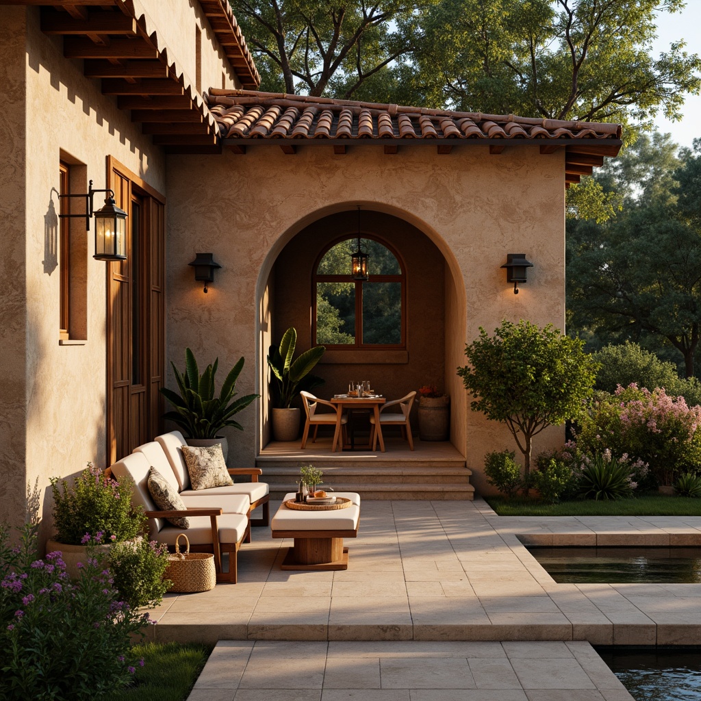 Prompt: Warm Mediterranean villa, rustic stone walls, terracotta roofs, ornate ironwork, distressed wood accents, soft warm lighting, pendant lanterns, wrought iron chandeliers, candles, ambient glow, natural textiles, earthy color palette, cozy nooks, intimate seating areas, lush greenery, blooming flowers, serene water features, sunny day, shallow depth of field, 3/4 composition, realistic textures, subtle shadows.