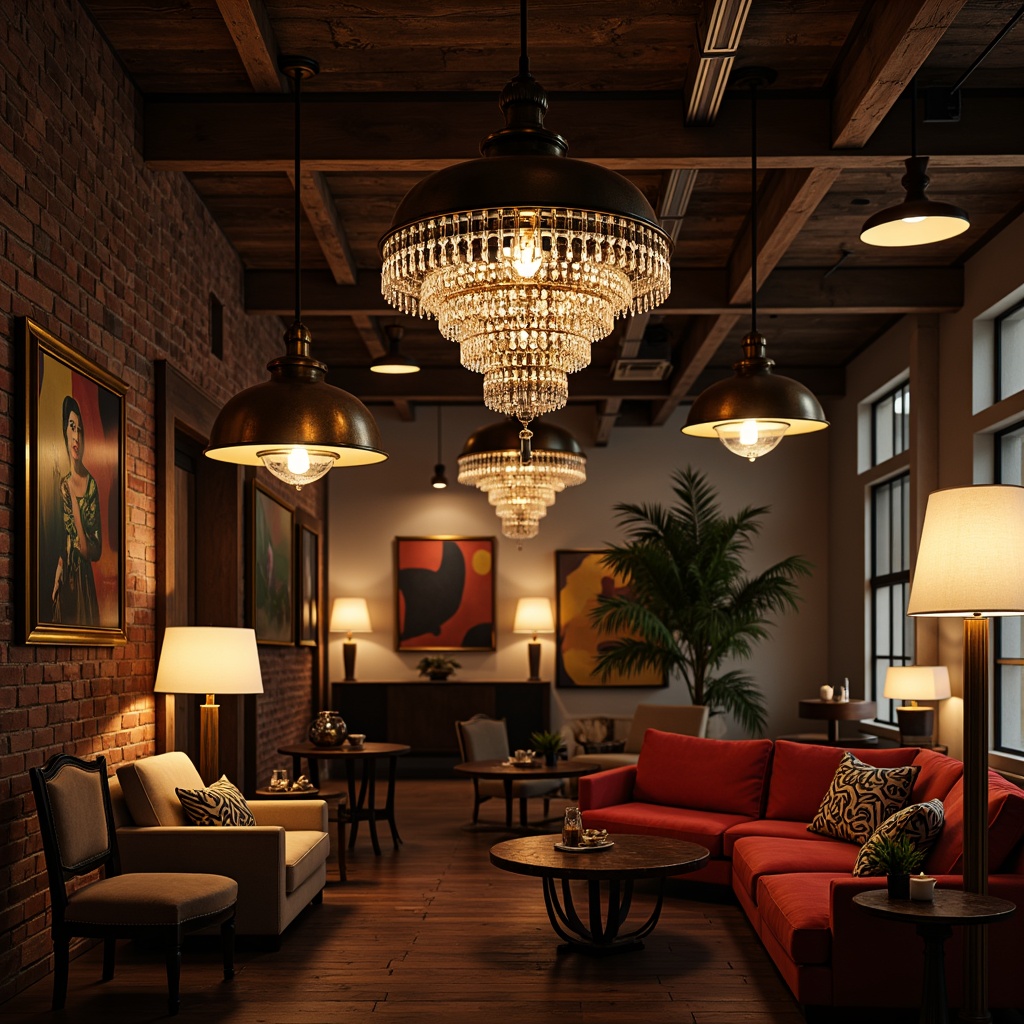 Prompt: Vintage industrial pendant lamps, distressed metal shades, ornate crystal chandeliers, eclectic mix of table lamps, floor lamps, unique sculptural fixtures, warm soft lighting, moody atmospheric ambiance, rich wood tones, velvet textiles, antique furnishings, abstract artwork, bold colorful accents, rustic wooden beams, exposed brick walls, urban loft setting, industrial chic aesthetic, dramatic shadows, high contrast lighting, 1/2 composition, cinematic mood, realistic reflections.