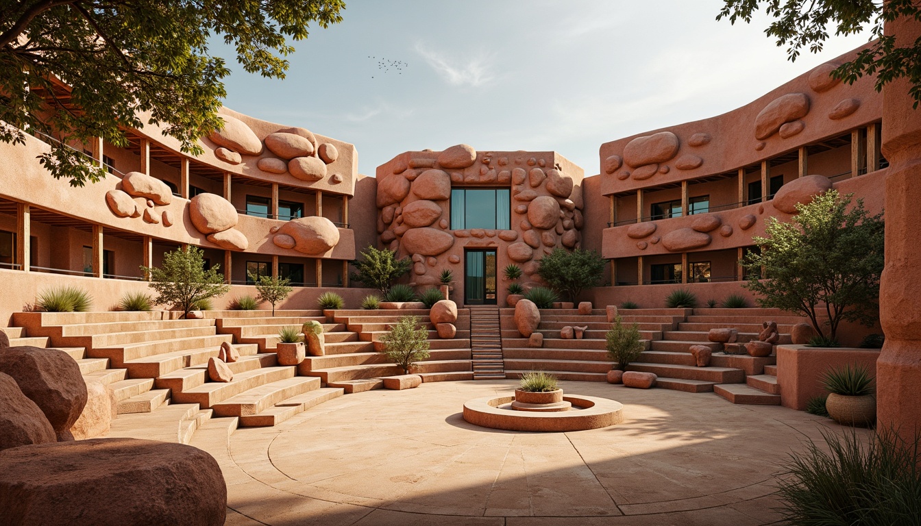 Prompt: Southwestern amphitheater, curved seating, rustic stone walls, natural red rock formations, wooden pergolas, vibrant turquoise accents, sandy flooring, tiered levels, open-air performance space, warm golden lighting, shallow depth of field, 3/4 composition, panoramic view, realistic textures, ambient occlusion, optimal sound reflection, resonant frequency tuning, acoustic paneling, sound-absorbing materials, immersive audio experience.