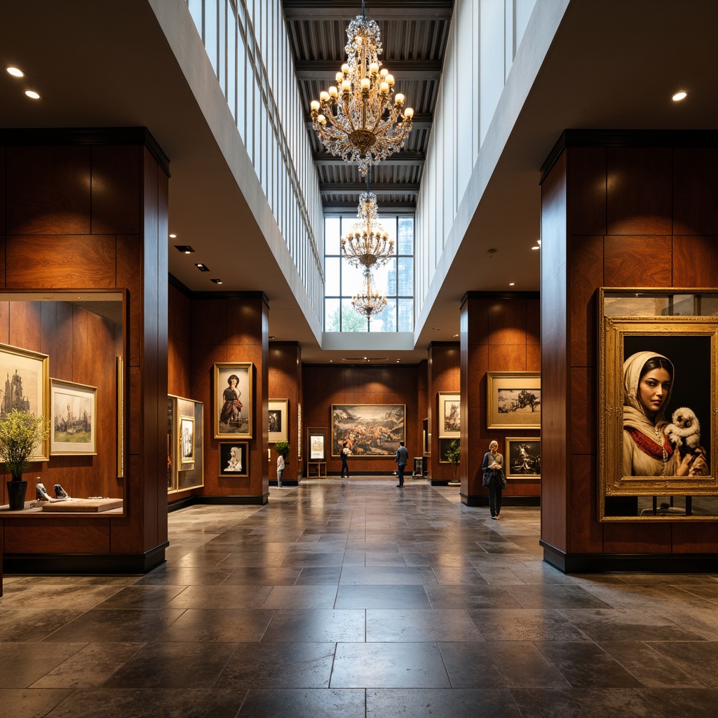 Prompt: Sophisticated museum interior, grand atrium, high ceilings, elegant chandeliers, warm soft lighting, subtle color temperature transitions, dramatic spotlights, accentuated exhibit displays, minimalist floor lamps, sleek track lighting, natural daylight pouring in, ambient shadows, 3/4 composition, realistic textures, shallow depth of field, panoramic view.