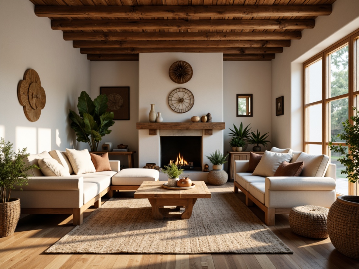 Prompt: Cozy living room, earthy tones, natural materials, wooden furniture, plush cushions, woven textiles, traditional patterns, rustic accents, warm lighting, soft shadows, intimate atmosphere, comfortable seating, minimal ornamentation, organic shapes, handmade crafts, vintage decor, distressed finishes, soft pastel colors, elegant simplicity, harmonious balance, 1/2 composition, warm color palette, natural wood flooring, stone fireplace, lush greenery.