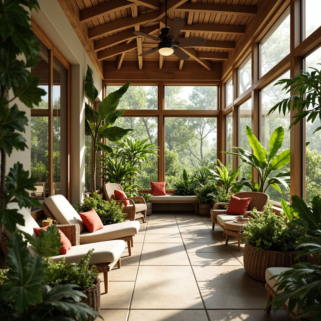 Prompt: Sun-kissed sunroom, lush greenery, thriving indoor plants, natural stone flooring, wooden accents, floor-to-ceiling windows, sliding glass doors, cozy seating areas, vibrant flower arrangements, tropical leaf patterns, warm beige walls, rattan furniture, hanging planters, soft diffused lighting, shallow depth of field, 1/1 composition, realistic textures, ambient occlusion.