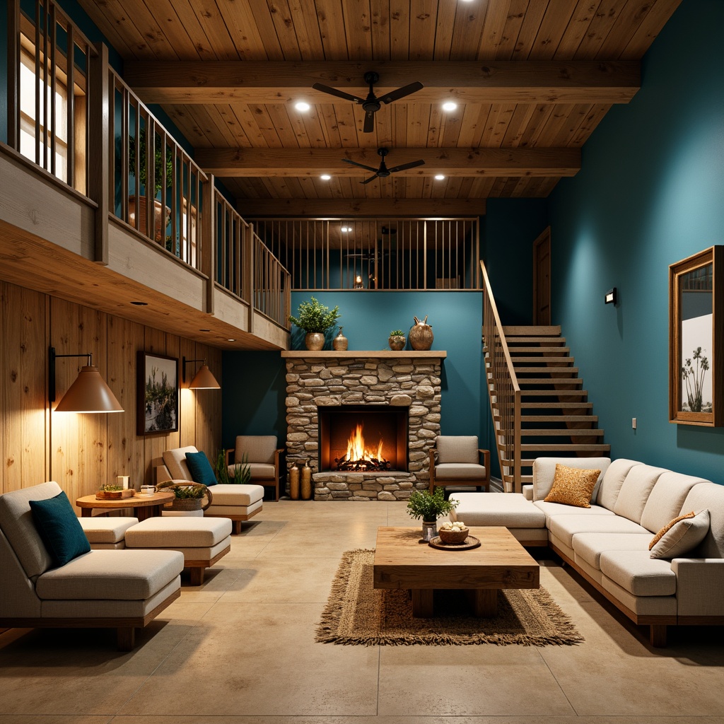 Prompt: Cozy basement, cerulean blue walls, warm beige floors, soft golden lighting, plush sectional sofas, rustic wooden coffee tables, natural stone fireplaces, modern minimalist decor, sleek metal railings, industrial-chic pendant lamps, earthy-toned throw pillows, woven jute rugs, intimate atmosphere, relaxed seating areas, functional storage spaces, calming ambiance, 1/1 composition, warm color harmony, soft focus, realistic textures.