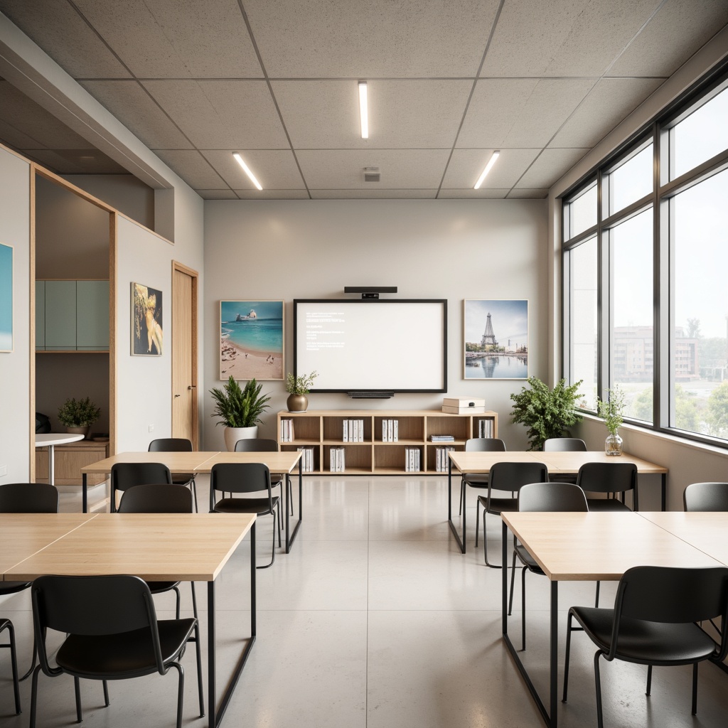 Prompt: Simple school interior, minimalistic decor, functional wooden desks, ergonomic chairs, clean lines, monochromatic color scheme, ample natural light, large windows, open classrooms, collaborative learning spaces, interactive whiteboards, geometric shelving units, industrial-style metal legs, soft pastel accents, subtle texture variations, warm ambient lighting, shallow depth of field, 1/1 composition, realistic material textures, ambient occlusion.