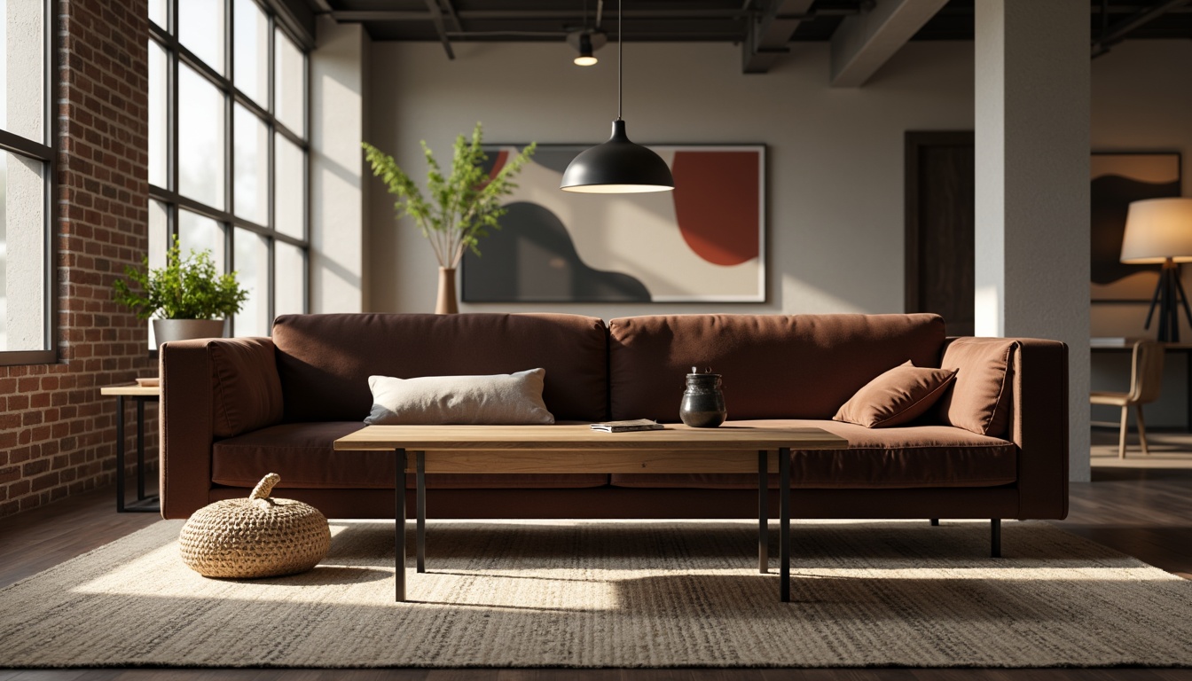 Prompt: Modern living room, sleek sofa, velvet upholstery, wooden coffee table, metallic legs, pendant lamps, minimalist decor, natural fiber rugs, abstract artwork, urban loft atmosphere, warm ambient lighting, shallow depth of field, 3/4 composition, realistic textures, ambient occlusion.