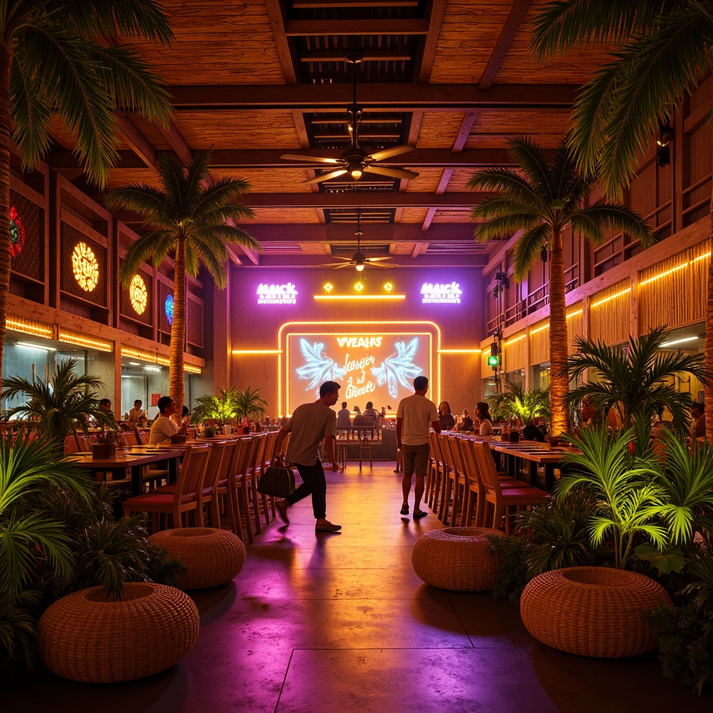 Prompt: Vibrant tropical music venue, warm golden lighting, colorful neon signs, stage lights, spotlights, LED strips, dance floor illumination, twinkling string lights, palm tree silhouettes, exotic floral arrangements, lush greenery, rattan furniture, woven textiles, natural wood accents, earthy tones, warm humid atmosphere, sunset-inspired hues, soft ambient glow, 1/1 composition, shallow depth of field, realistic textures, ambient occlusion.