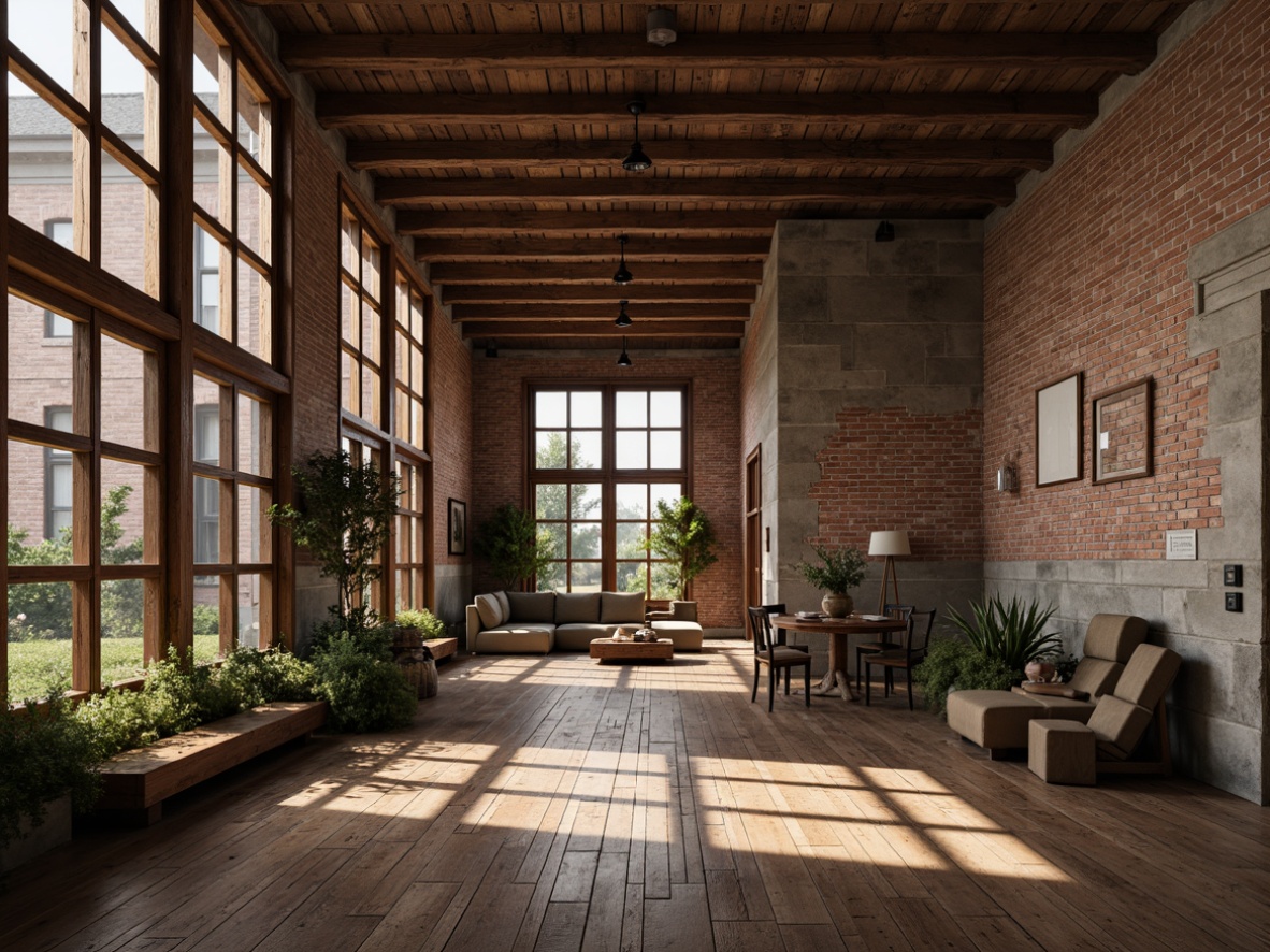 Prompt: Weathered wooden accents, distressed stone walls, rough-hewn brick facades, industrial metal beams, reclaimed wood flooring, tactile ceramic tiles, organic natural materials, earthy color palette, warm ambient lighting, subtle shadows, 1/2 composition, shallow depth of field, realistic textures, ambient occlusion.