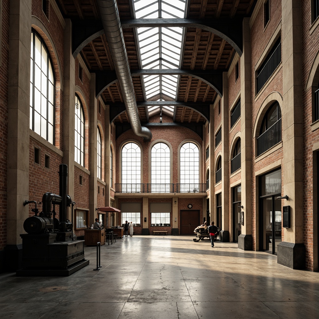 Prompt: Grand industrial building, Neoclassical facade, ornate columns, rusticated stone walls, arched windows, metal roof trusses, exposed ductwork, polished concrete floors, vintage machinery, reclaimed wood accents, distressed brick textures, atmospheric lighting, high ceilings, 1-point perspective composition, warm color palette, subtle film grain, realistic material reflections.