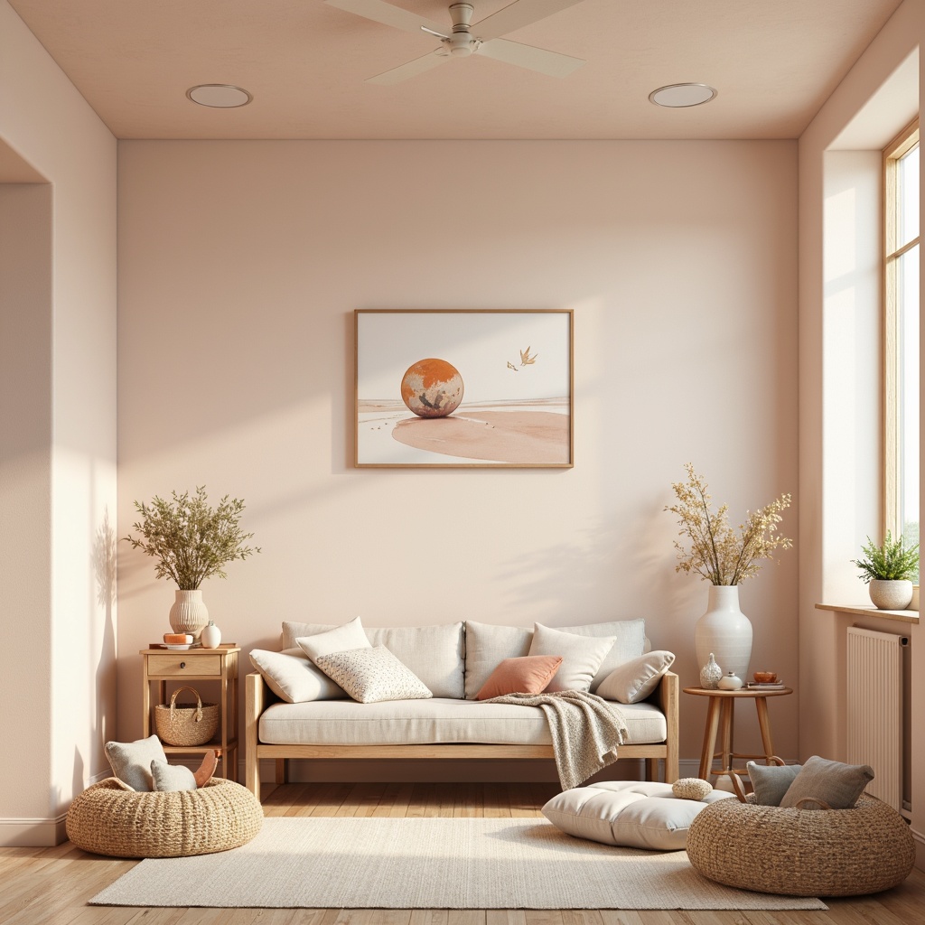 Prompt: Soft peach tones, creamy whites, gentle grays, warm wood accents, minimalist furniture, sleek lines, rounded edges, airy feel, natural textiles, woven baskets, plush toys, modern mobiles, abstract art pieces, subtle patterns, soft pastel hues, calming atmosphere, warm golden lighting, shallow depth of field, 1/1 composition, intimate focus, realistic textures, ambient occlusion.