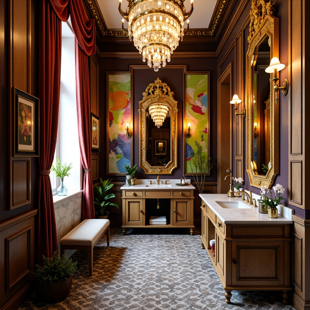 Prompt: Whimsical powder room, eclectic style vanity, ornate golden frames, crystal chandeliers, luxurious velvet drapes, rich wood tones, antique furniture pieces, distressed finishes, bold colorful patterns, abstract artwork, oversized mirrors, marble countertops, decorative molding, soft warm lighting, shallow depth of field, 1/1 composition, realistic textures, ambient occlusion.