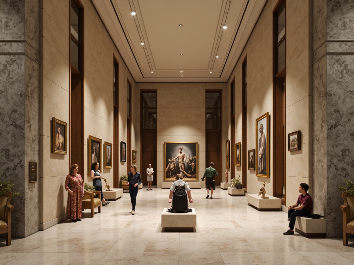 Prompt: Rich cultural heritage, grand museum interior, neutral beige walls, elegant dark wood accents, polished marble floors, subtle grey stone columns, ornate gold frames, sophisticated cream-colored ceilings, dramatic spotlights, soft warm ambient lighting, 1/2 composition, shallow depth of field, realistic textures, ambient occlusion.