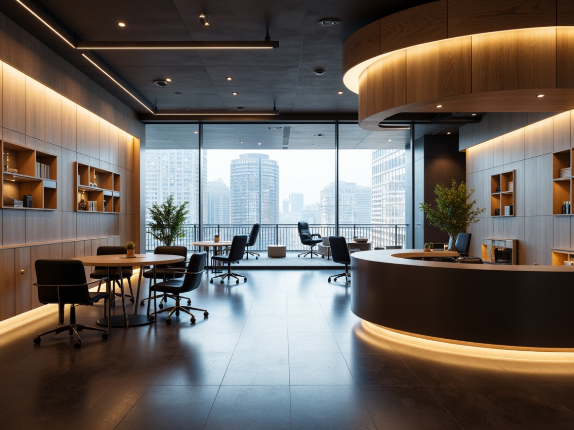 Prompt: Curved streamline furniture, polished chrome accents, soft warm lighting, indirect LED strips, minimalist decor, sleek glass desks, ergonomic chairs, built-in shelving units, floor-to-ceiling windows, natural daylight, urban cityscape views, 3/4 composition, shallow depth of field, panoramic view, realistic textures, ambient occlusion.