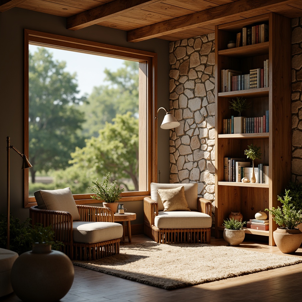 Prompt: Cozy reading nook, soft cushioned chair, wooden bookshelves, warm floor lamp, plush area rug, earthy color palette, natural stone wall, large windows, greenery view, sunny day, gentle warm lighting, shallow depth of field, 1/1 composition, intimate atmosphere, realistic textures, ambient occlusion.