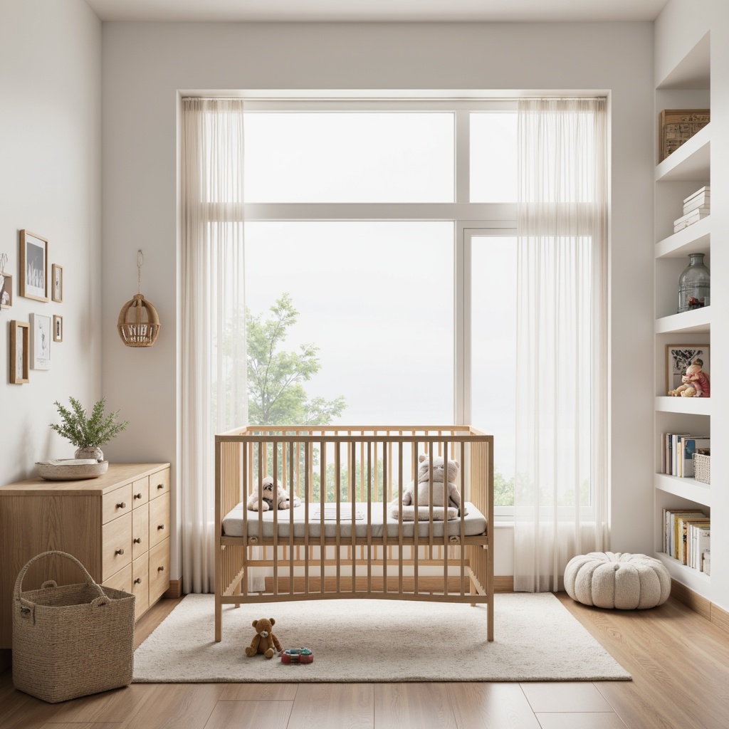 Prompt: Curved baby crib, minimalist white walls, polished wooden floors, streamline modern furniture, rounded edges, soft pastel colors, gentle natural light, sheer curtains, comfortable plush toys, cozy reading nook, built-in shelving units, modern mobiles, whimsical wall art, calming atmosphere, shallow depth of field, 1/1 composition, warm softbox lighting, realistic textures, ambient occlusion.