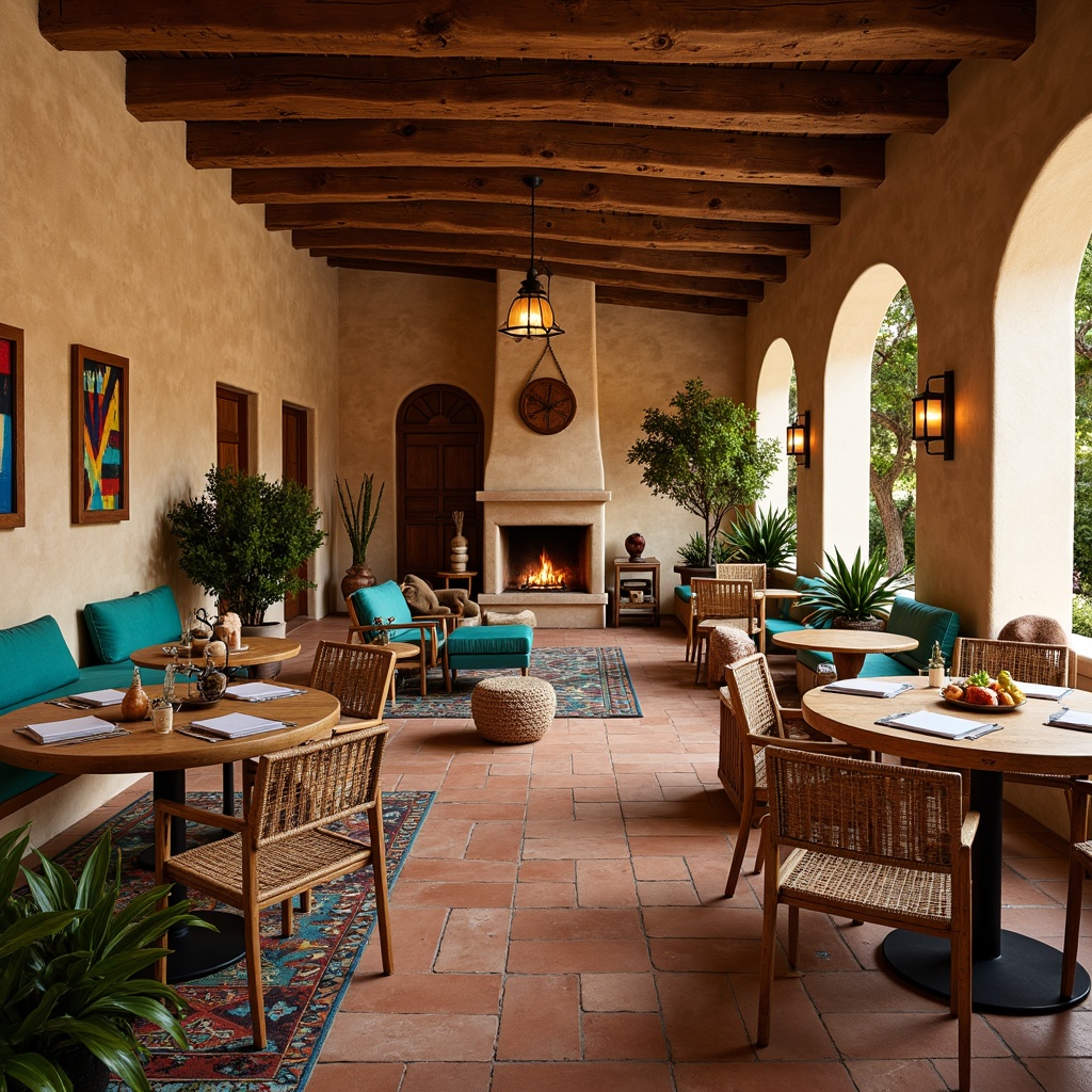 Prompt: Southwestern dining room, rustic wooden tables, woven rattan chairs, earthy terracotta floors, vibrant turquoise accents, colorful Navajo-inspired textiles, natural stone fireplaces, warm beige stucco walls, distressed wood beams, pendant lanterns, lush greenery, cacti plants, abstract geometric patterns, rich leather upholstery, warm golden lighting, shallow depth of field, 1/1 composition, cozy intimate atmosphere.