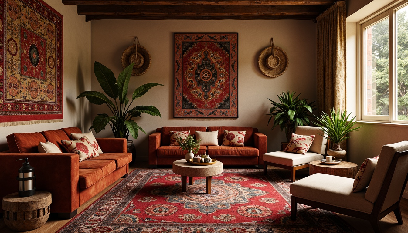 Prompt: Richly patterned Moroccan rugs, plush velvet sofas, distressed wooden accents, vintage armchairs, eclectic mix of pillows, bold colorful throws, natural woven baskets, macrame wall hangings, bohemian-inspired tapestries, warm golden lighting, soft candlelight, shallow depth of field, 1/1 composition, intimate atmosphere, realistic textures, ambient occlusion.