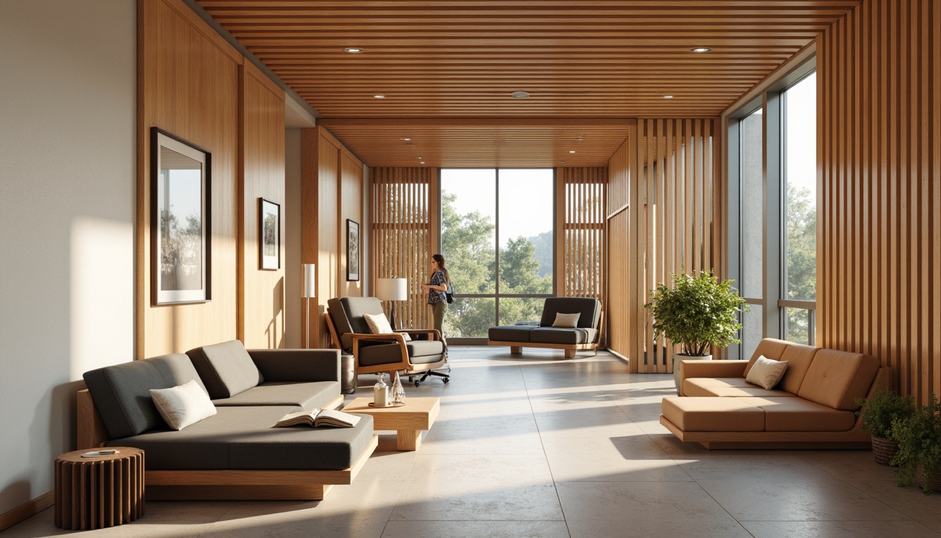 Prompt: Serene rehabilitation center, warm wood accents, sound-absorbing panels, acoustic diffusers, comfortable seating areas, calm color schemes, natural stone flooring, minimal ornamentation, soft indirect lighting, 1/1 composition, intimate scale, realistic textures, ambient occlusion;