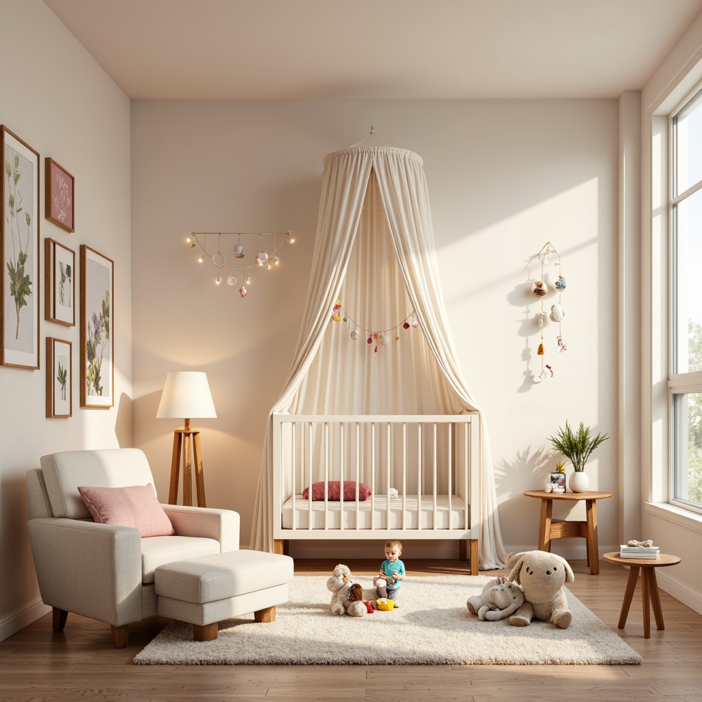 Prompt: Soft pastel colors, gentle warm lighting, cozy nursery atmosphere, modern baby furniture, crib with canopy, plush toys, colorful mobiles, soft area rugs, creamy whites, light wood tones, minimal decor, calming ambiance, floor lamps, table lamps, string lights, warm glow, subtle shadows, 1/1 composition, shallow depth of field, realistic textures, ambient occlusion.