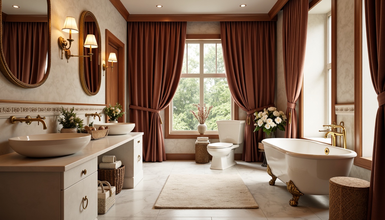 Prompt: Rich powder room, luxurious velvet drapes, ornate gold fixtures, soft warm lighting, creamy marble countertops, elegant vessel sinks, freestanding tubs, decorative mirrors, lavish furnishings, plush area rugs, calming ambiance, spa-inspired atmosphere, subtle sheen finishes, pastel color palette, delicate florals, feminine touches, ornamental accessories, 1/1 composition, shallow depth of field, soft focus effect.