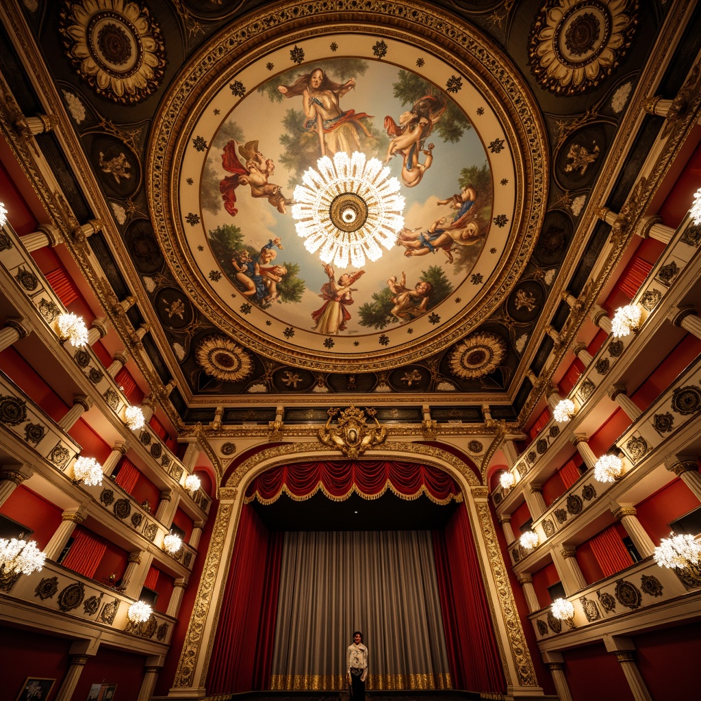 Prompt: Ornate opera house ceiling, Baroque-inspired frescoes, gilded moldings, crystal chandeliers, velvet drapes, grandiose arches, intricate stucco patterns, lavish ornamentation, rich jewel-toned colors, dramatic spotlighting, soft warm ambiance, shallow depth of field, 1/1 composition, symmetrical arrangement, realistic textures, ambient occlusion.