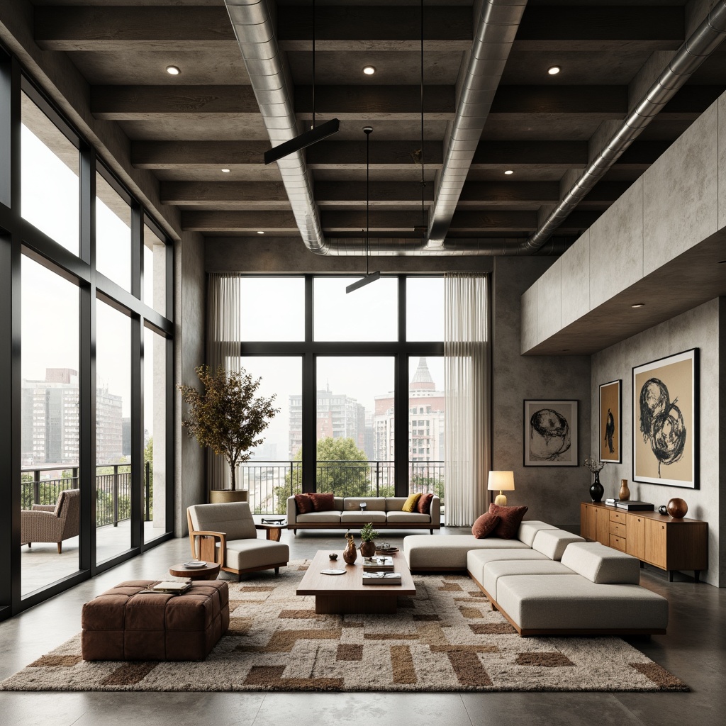 Prompt: Minimalist brutalist family room, open-plan living area, industrial-chic concrete floors, exposed ductwork, raw steel beams, floor-to-ceiling windows, natural light pouring in, urban loft-inspired aesthetic, sleek low-profile furniture, textured woolen upholstery, geometric-patterned rugs, abstract modern artwork, statement lighting fixtures, pendant lamps, cozy reading nooks, plush throw blankets, warm earthy color palette, 1/2 composition, shallow depth of field, soft diffused lighting, realistic textures, ambient occlusion.