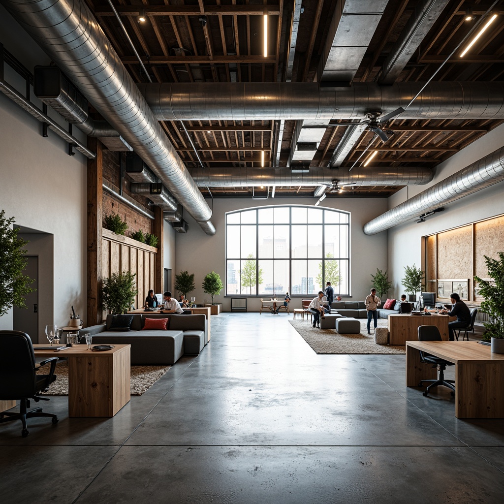 Prompt: Spacious industrial warehouse, high ceilings, exposed ductwork, polished concrete floors, metal beams, natural light pouring in, modern minimalist aesthetic, sleek machinery, functional workstations, collaborative open spaces, ergonomic seating, reclaimed wood accents, urban loft atmosphere, bright colors, warm lighting, shallow depth of field, 3/4 composition, panoramic view, realistic textures, ambient occlusion.