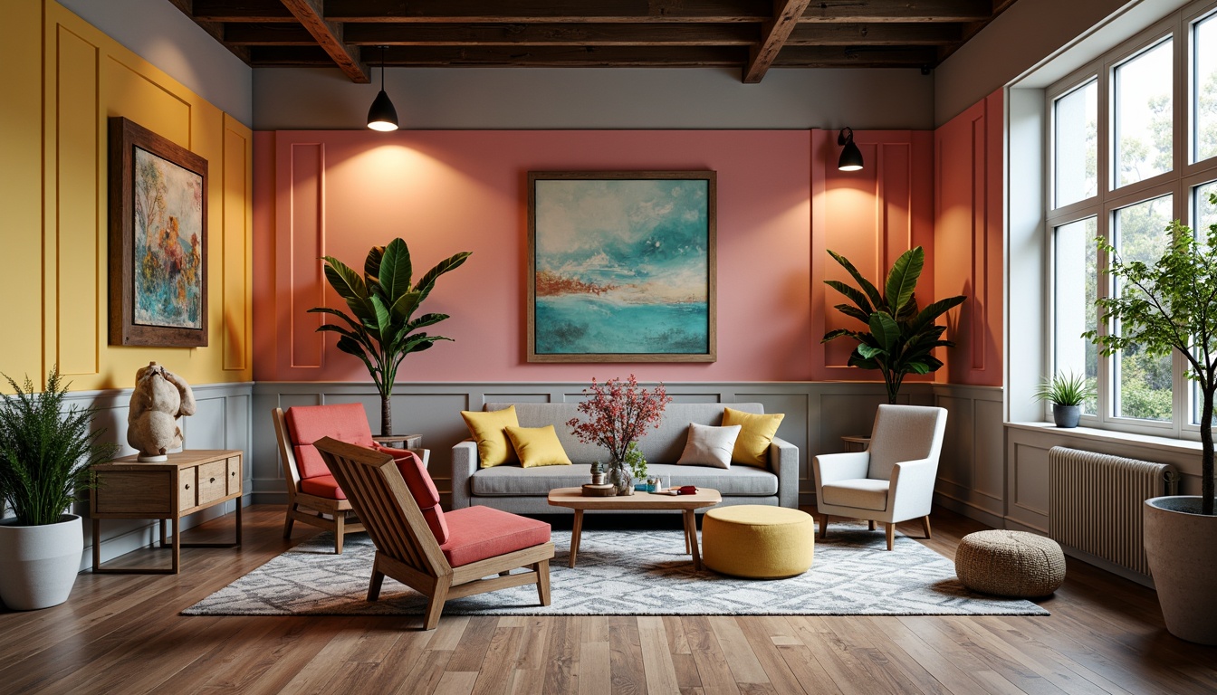 Prompt: Vibrant design studio, modern furniture, eclectic decor, bold color blocking, pastel accents, metallic finishes, rich textiles, natural materials, warm ambient lighting, shallow depth of field, 3/4 composition, panoramic view, realistic reflections, subtle gradients, atmospheric perspective.