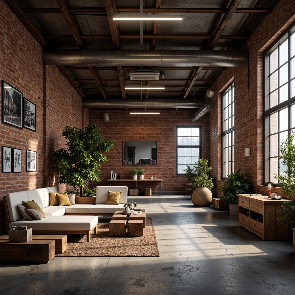 Prompt: Industrial warehouse atmosphere, exposed brick walls, metal beams, polished concrete floors, industrial-style lighting fixtures, urban loft aesthetic, muted earth tones, weathered wood accents, distressed metallic surfaces, warm neutral colors, functional modern furniture, industrial-chic decor, reclaimed wood textures, edgy abstract patterns, high-contrast color schemes, dramatic shadow effects, cinematic lighting, 1/2 composition, moody atmospheric rendering.