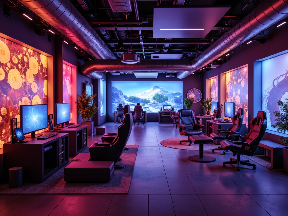 Prompt: Vibrant game room, bold color scheme, neon accents, dark backgrounds, futuristic lighting, abstract shapes, metallic textures, high-tech gadgets, virtual reality equipment, sleek gaming stations, ergonomic chairs, ambient sound effects, dimmable LED lights, dynamic color gradients, 3D visual effects, panoramic views, cinematic atmosphere, realistic reflections, shallow depth of field.