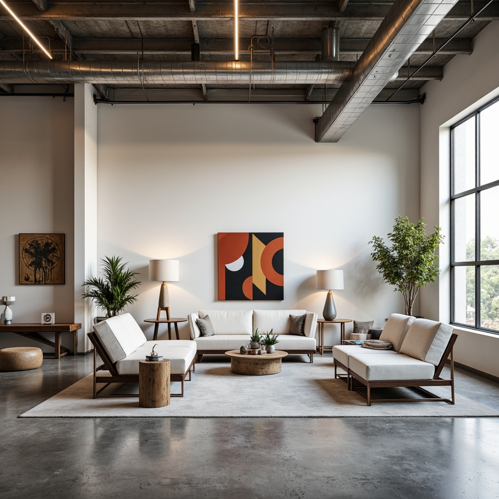 Prompt: Open-plan living area, minimal ornamentation, industrial-style exposed ductwork, polished concrete floors, white walls, floor-to-ceiling windows, natural light, airy atmosphere, low-profile furniture, geometric-shaped decor, monochromatic color scheme, reclaimed wood accents, metal beams, functional lighting, urban loft vibe, converted warehouse feel, abstract artwork, potted greenery, soft warm glow, shallow depth of field, 1/1 composition, realistic textures, ambient occlusion.