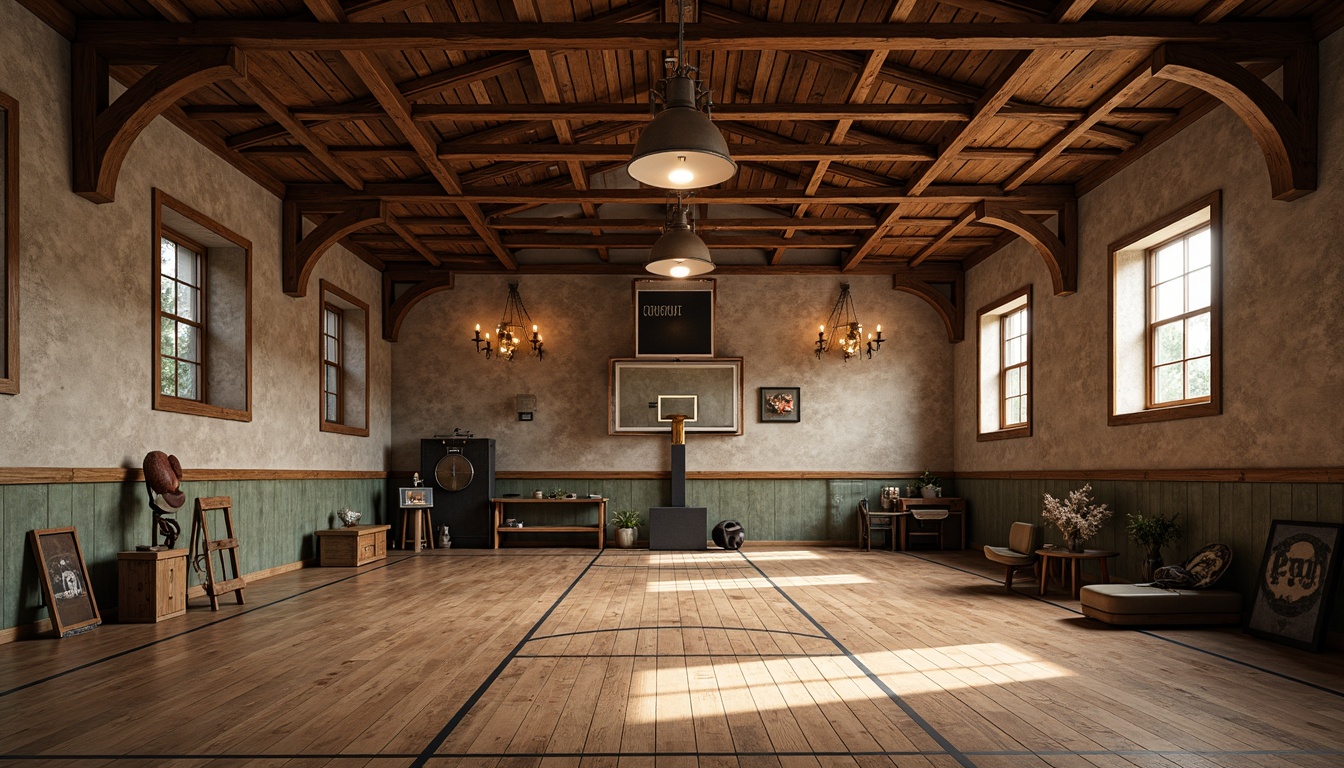 Prompt: Rustic gymnasium interior, wooden beam ceiling, distressed wood accents, metal lanterns, warm soft lighting, industrial chic fixtures, exposed ductwork, reclaimed wood flooring, earthy tone color palette, natural stone walls, vintage athletic equipment, nostalgic sports memorabilia, cozy intimate atmosphere, subtle ambient glow, 1/2 composition, realistic textures, high contrast ratio.