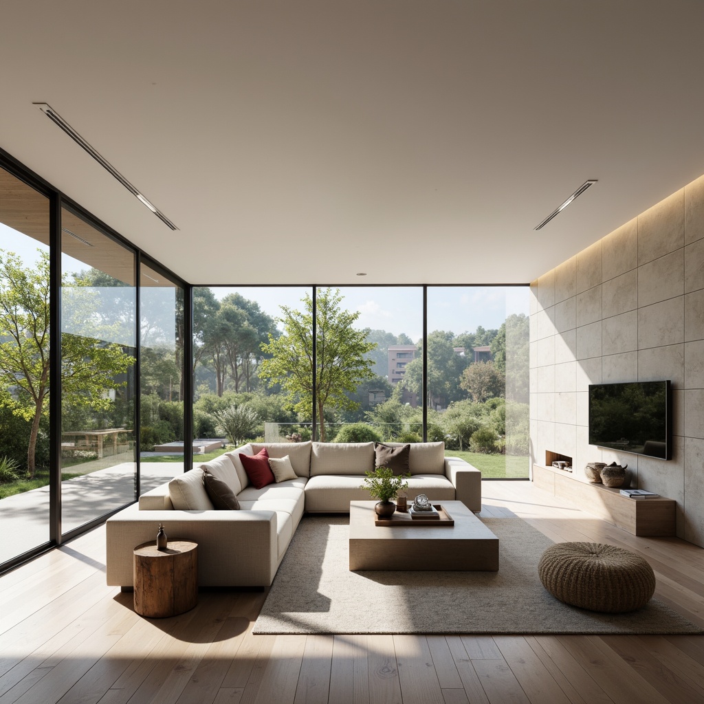 Prompt: Modern living room, sleek low-profile furniture, minimalist decor, comfortable seating area, spacious floor plan, functional layout, ample natural light, large windows, sliding glass doors, wooden flooring, neutral color palette, subtle textures, task-oriented lighting, 1/1 composition, shallow depth of field, realistic rendering, ambient occlusion.