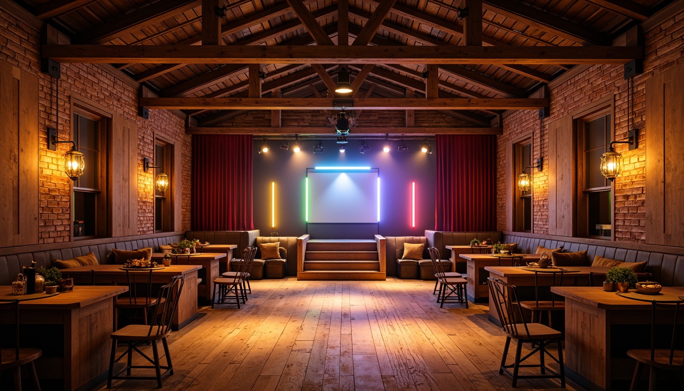 Prompt: Rustic farmhouse interior, vintage wooden beams, distressed brick walls, theatrical lighting design, warm golden spotlights, soft ambient glow, colorful LED strips, dynamic stage lights, dramatic shadows, cozy nooks, plush velvet curtains, antique metal lanterns, exposed ductwork, reclaimed wood accents, earthy color palette, intimate seating areas, abstract geometric patterns, 1/2 composition, low-key lighting, cinematic ambiance.