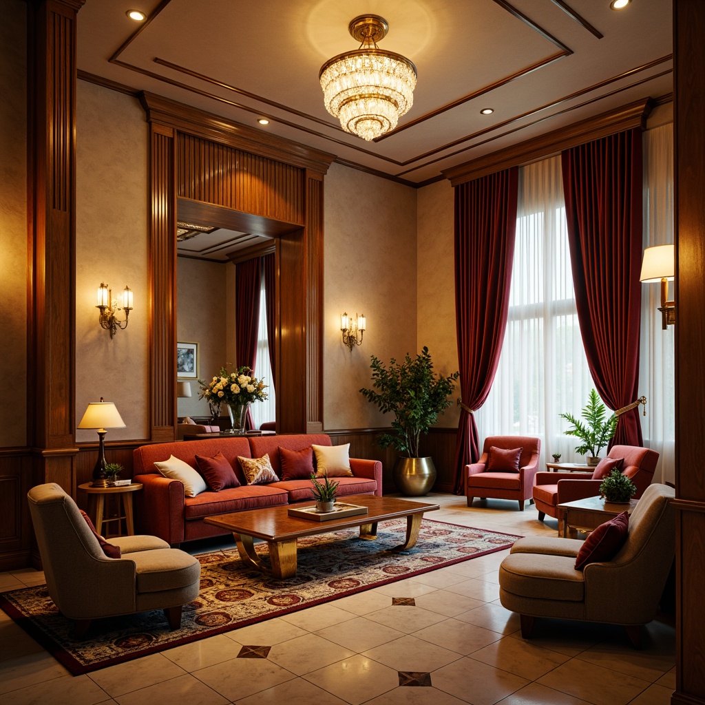 Prompt: Luxurious Art Deco interior, rich velvet fabrics, ornate metallic accents, geometric patterned rugs, plush throw pillows, warm beige walls, crystal chandeliers, golden lighting fixtures, sophisticated marble floors, intricate wooden paneling, lavish drapery, sumptuous upholstery, soft warm glow, shallow depth of field, 1/1 composition, realistic textures, ambient occlusion.